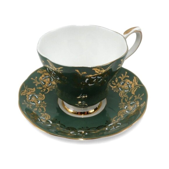 ROYAL GRAFTON Teacup and Saucer Set Elegant Green Gold Floral Vintage - Picture 3 of 12